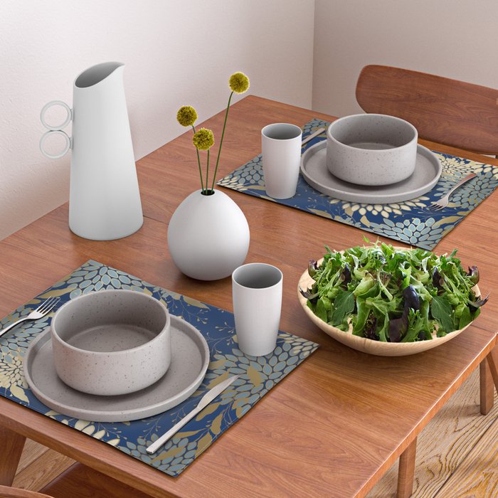 Floral Blooms and Leave, Blue, Navy, Gold, Cream Placemat Gallery Image 2