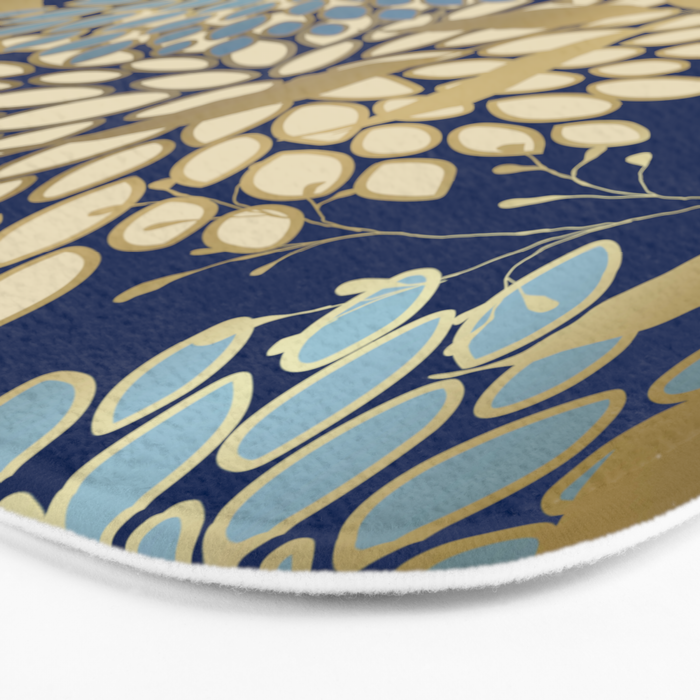 Floral Blooms and Leave, Blue, Navy, Gold, Cream Bath Mat Gallery Image 3
