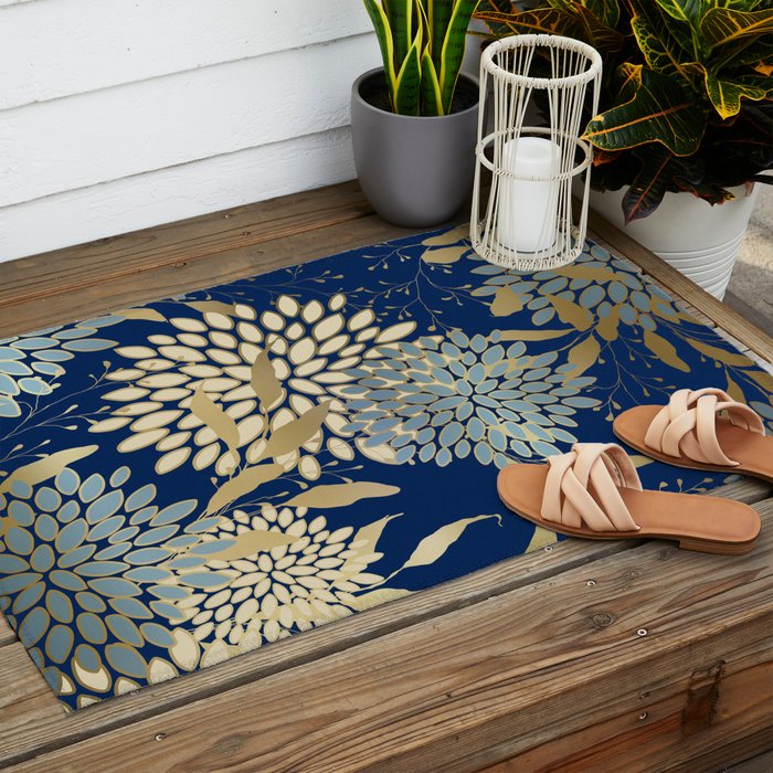 Floral Blooms and Leave, Blue, Navy, Gold, Cream Outdoor Rug Gallery Image 2