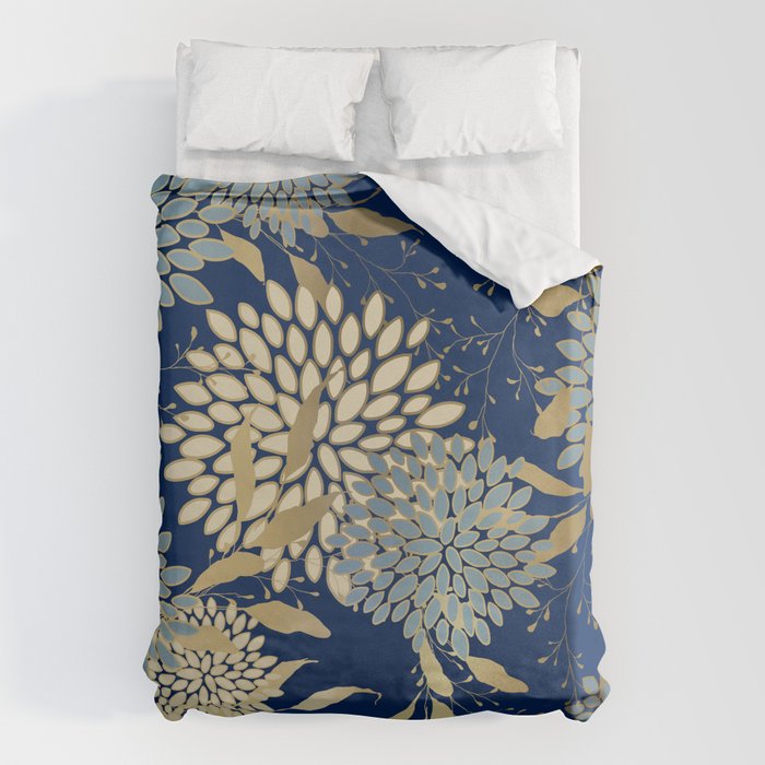 Floral Blooms and Leave, Blue, Navy, Gold, Cream Duvet Cover Gallery Image 6