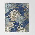 Floral Blooms and Leave, Blue, Navy, Gold, Cream Throw Blanket Gallery Image 2