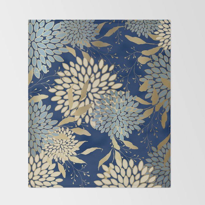 Floral Blooms and Leave, Blue, Navy, Gold, Cream Throw Blanket Gallery Image 2