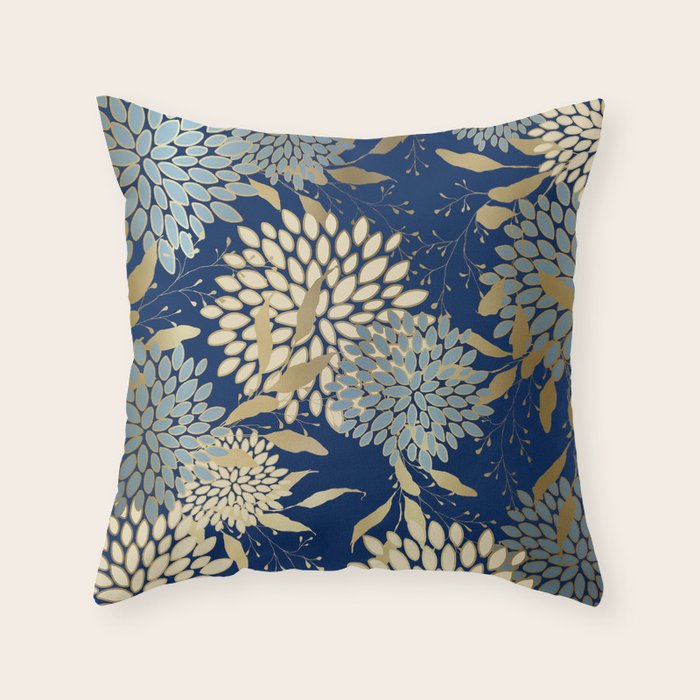 Floral Blooms and Leave, Blue, Navy, Gold, Cream Throw Pillow Gallery Image 6