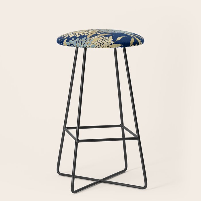 Floral Blooms and Leave, Blue, Navy, Gold, Cream Stool Gallery Image 1