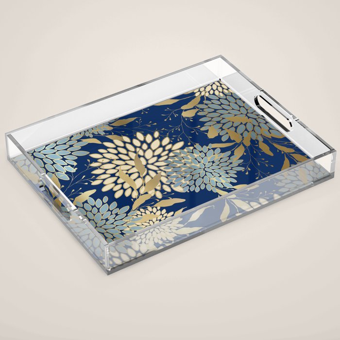 Floral Blooms and Leave, Blue, Navy, Gold, Cream Acrylic Tray Gallery Image 1