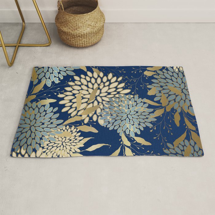 Floral Blooms and Leave, Blue, Navy, Gold, Cream Rug Gallery Image 1