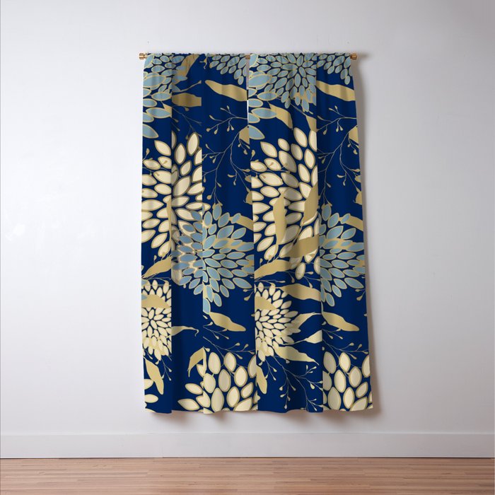 Floral Blooms and Leave, Blue, Navy, Gold, Cream Window Curtain Gallery Image 3