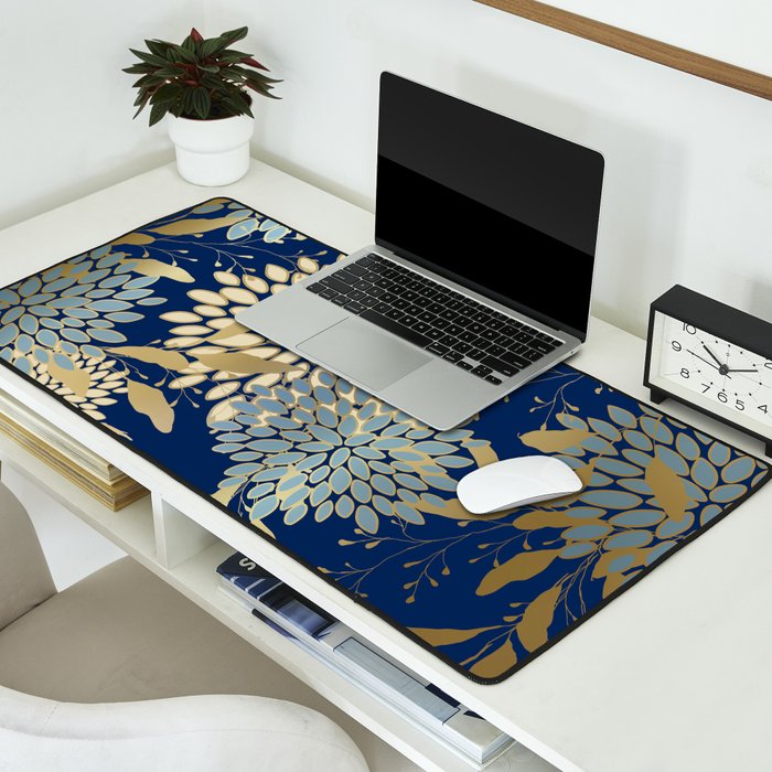 Floral Blooms and Leave, Blue, Navy, Gold, Cream Desk Mat Gallery Image 2