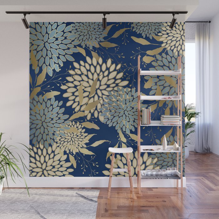 Floral Blooms and Leave, Blue, Navy, Gold, Cream Wall Mural Gallery Image 1