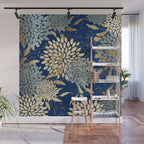 Floral Blooms and Leave, Blue, Navy, Gold, Cream Wall Mural Gallery Image 1