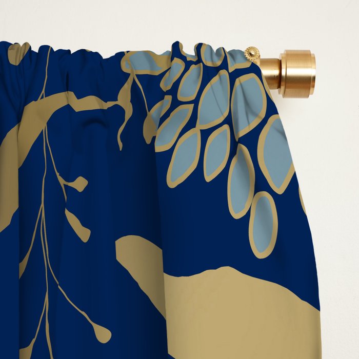 Floral Blooms and Leave, Blue, Navy, Gold, Cream Window Curtain Gallery Image 2