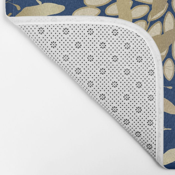 Floral Blooms and Leave, Blue, Navy, Gold, Cream Bath Mat Gallery Image 2