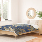 Floral Blooms and Leave, Blue, Navy, Gold, Cream Duvet Cover Gallery Image 2