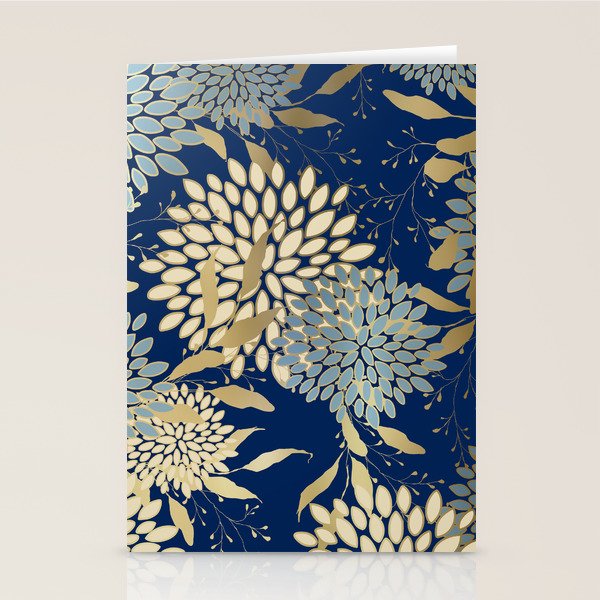 Floral Blooms and Leave, Blue, Navy, Gold, Cream Stationery Card Gallery Image 2