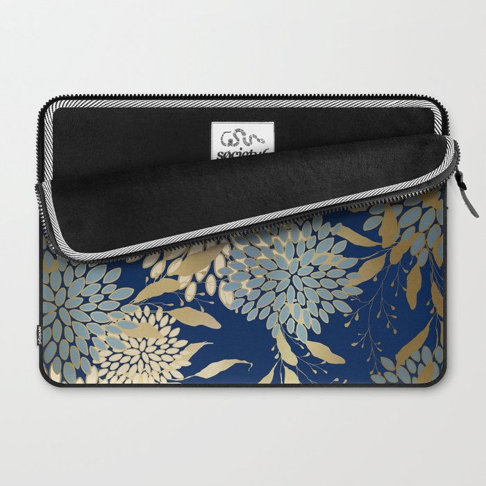 Floral Blooms and Leave, Blue, Navy, Gold, Cream Laptop Sleeve Gallery Image 2