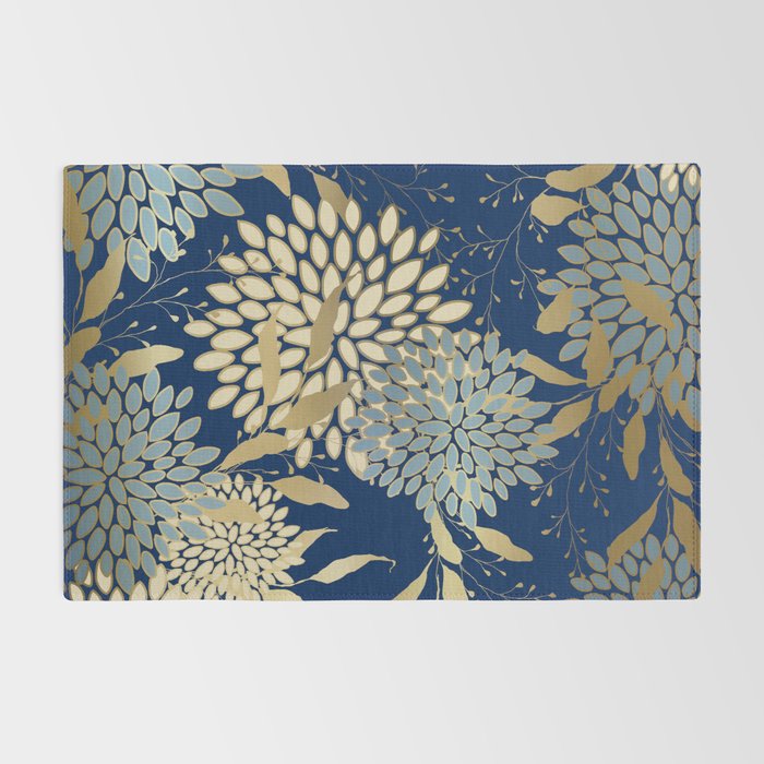 Floral Blooms and Leave, Blue, Navy, Gold, Cream Rug Gallery Image 2