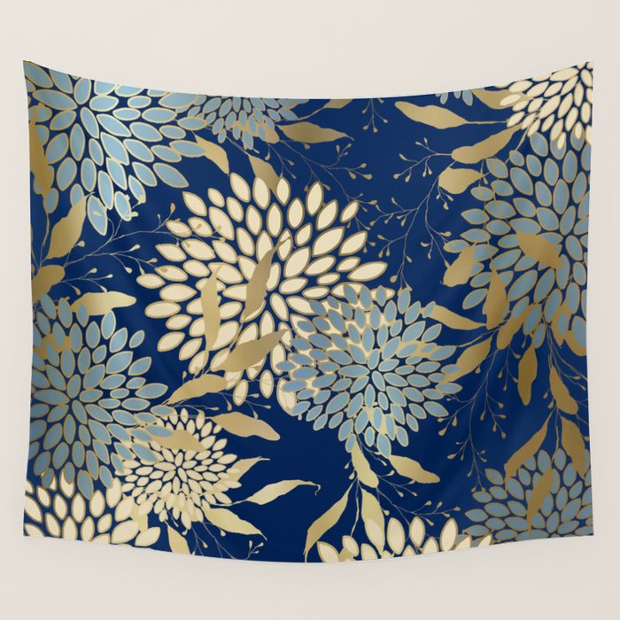 Floral Blooms and Leave, Blue, Navy, Gold, Cream Wall Tapestry Gallery Image 1