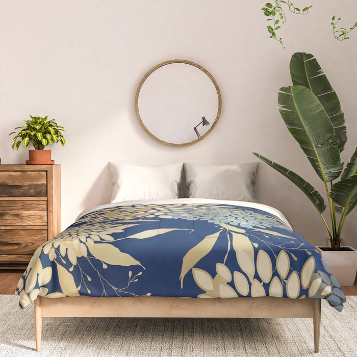 Floral Blooms and Leave, Blue, Navy, Gold, Cream Comforter Gallery Image 3