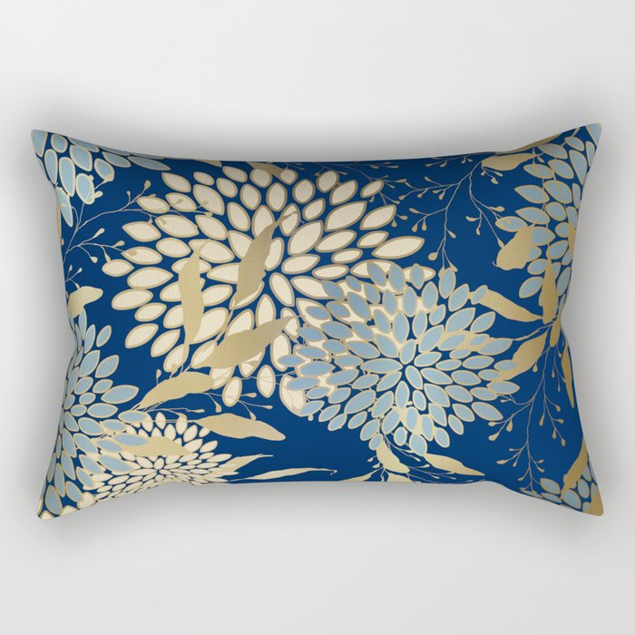 Floral Blooms and Leave, Blue, Navy, Gold, Cream Rectangular Pillow Gallery Image 2