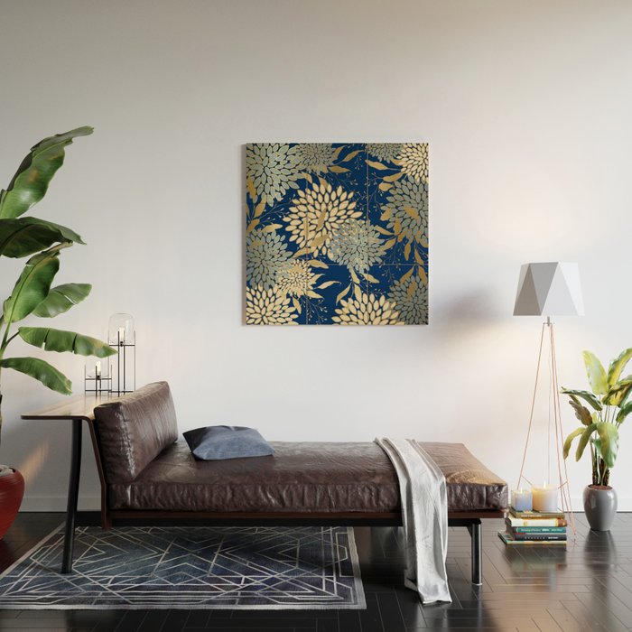 Floral Blooms and Leave, Blue, Navy, Gold, Cream Wood Wall Art Gallery Image 2
