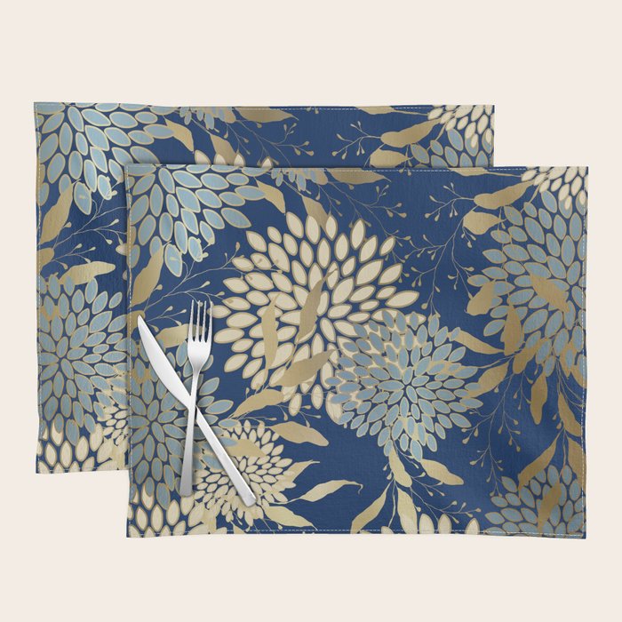 Floral Blooms and Leave, Blue, Navy, Gold, Cream Placemat Gallery Image 1