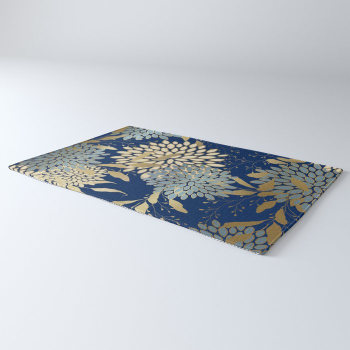 Floral Blooms and Leave, Blue, Navy, Gold, Cream Rug Gallery Image 3