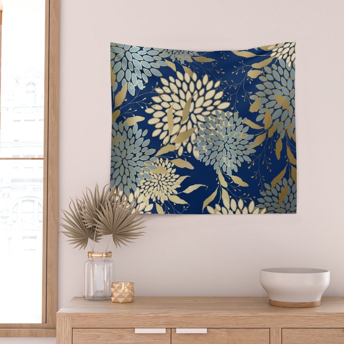 Floral Blooms and Leave, Blue, Navy, Gold, Cream Wall Tapestry Gallery Image 2