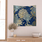 Floral Blooms and Leave, Blue, Navy, Gold, Cream Wall Tapestry Gallery Image 2