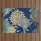 Floral Blooms and Leave, Blue, Navy, Gold, Cream Outdoor Rug Gallery Image 1