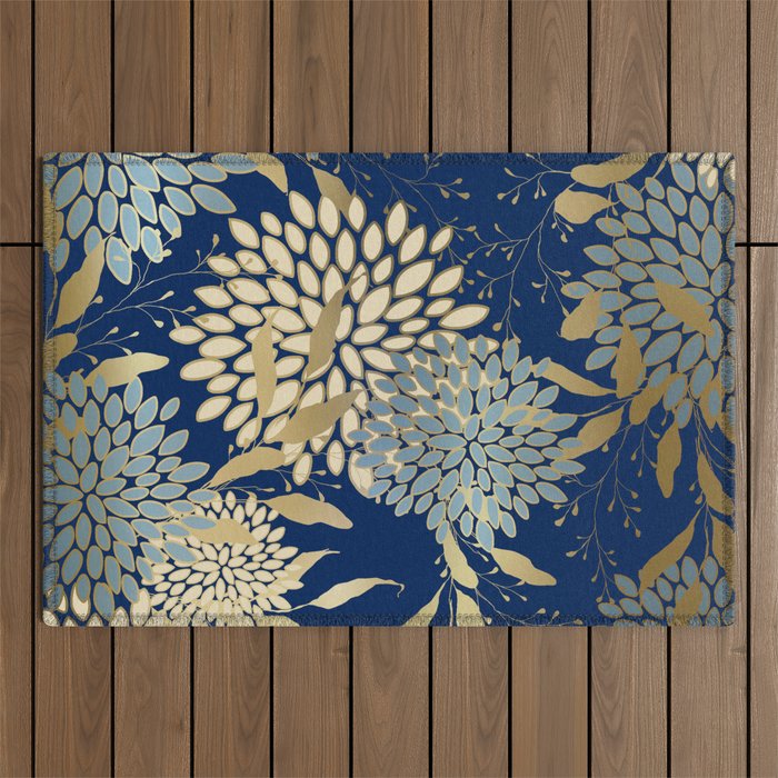 Floral Blooms and Leave, Blue, Navy, Gold, Cream Outdoor Rug Gallery Image 1