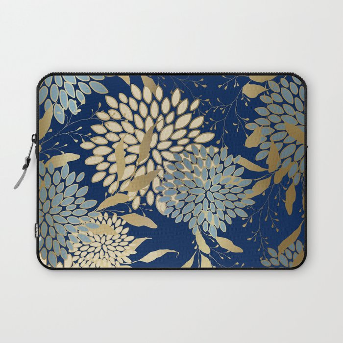 Floral Blooms and Leave, Blue, Navy, Gold, Cream Laptop Sleeve Gallery Image 1