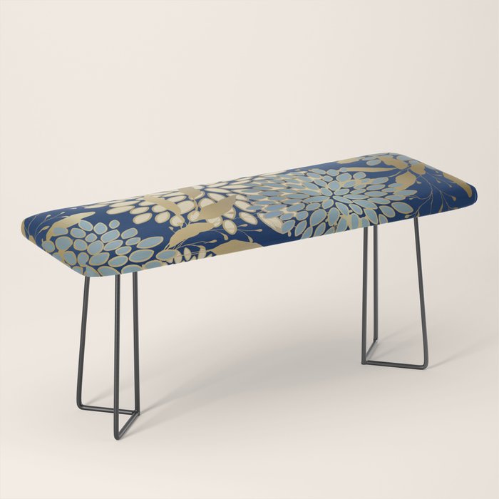 Floral Blooms and Leave, Blue, Navy, Gold, Cream Bench Gallery Image 1