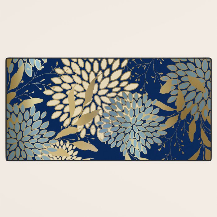 Floral Blooms and Leave, Blue, Navy, Gold, Cream Desk Mat Gallery Image 3
