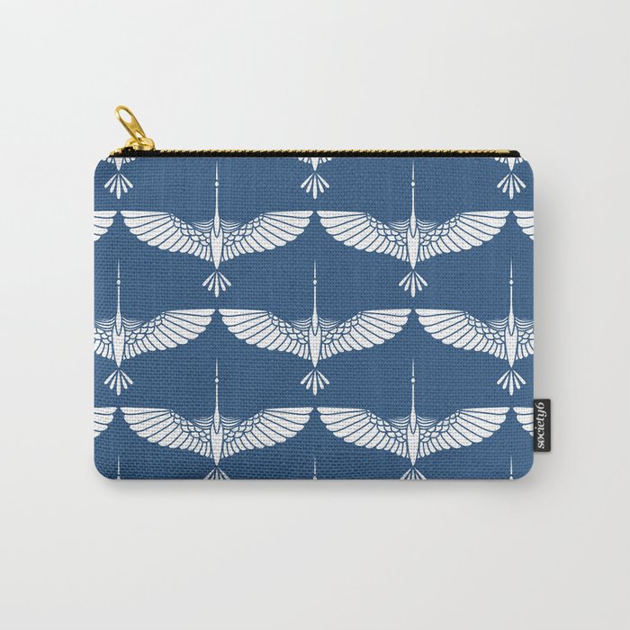 Japanese Crane Ornate Art Deco Blue & White Pattern Carry All Pouch Gallery Image 1