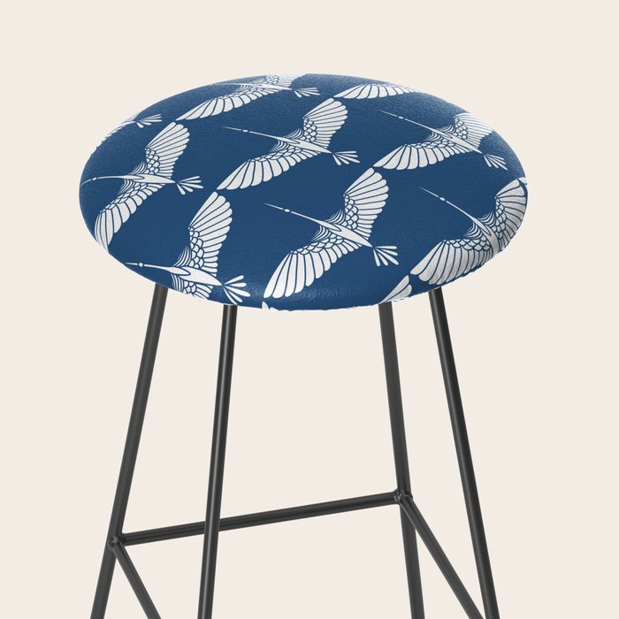 Japanese Crane Ornate Art Deco Blue & White Pattern Stool Gallery Image 2