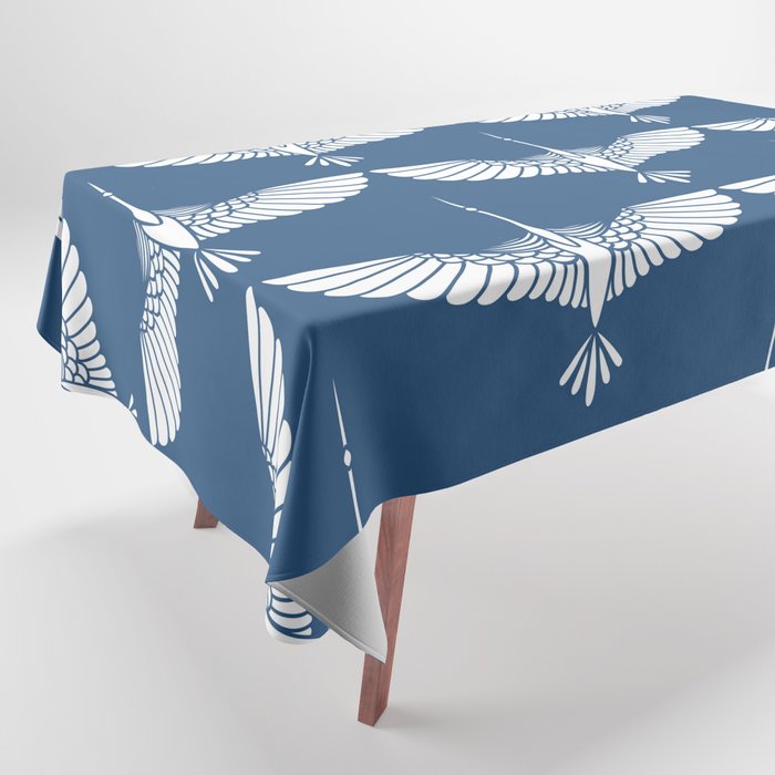 Japanese Crane Ornate Art Deco Blue & White Pattern Tablecloth Gallery Image 1