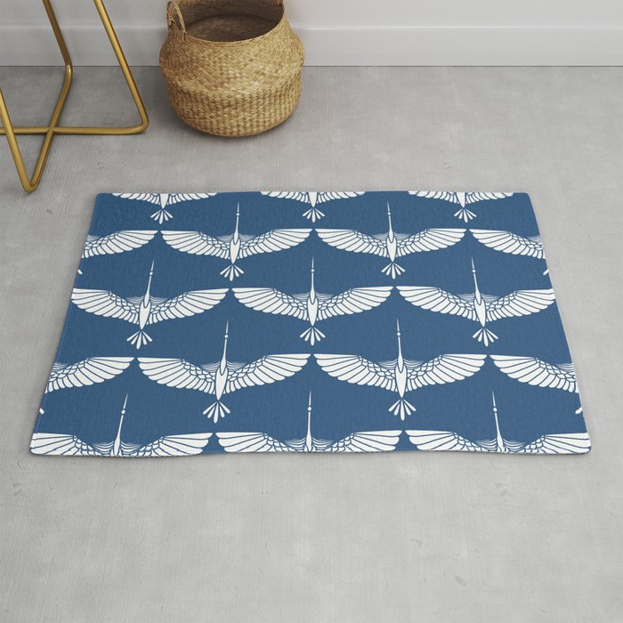 Japanese Crane Ornate Art Deco Blue & White Pattern Rug Gallery Image 1