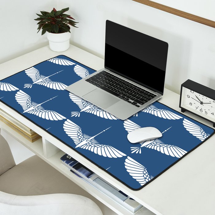Japanese Crane Ornate Art Deco Blue & White Pattern Desk Mat Gallery Image 2