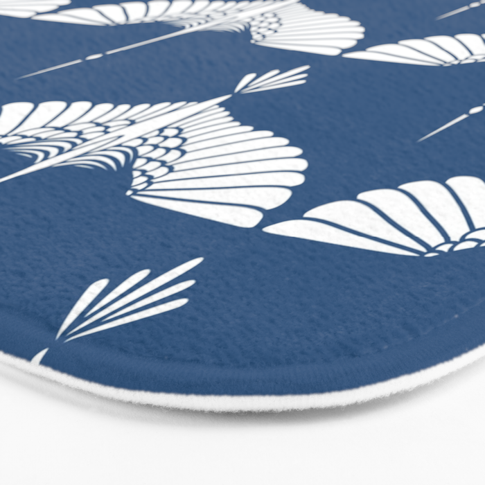Japanese Crane Ornate Art Deco Blue & White Pattern Bath Mat Gallery Image 3