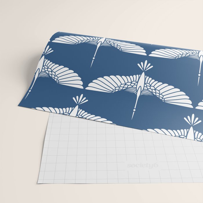 Japanese Crane Ornate Art Deco Blue & White Pattern Wrapping Paper Gallery Image 2