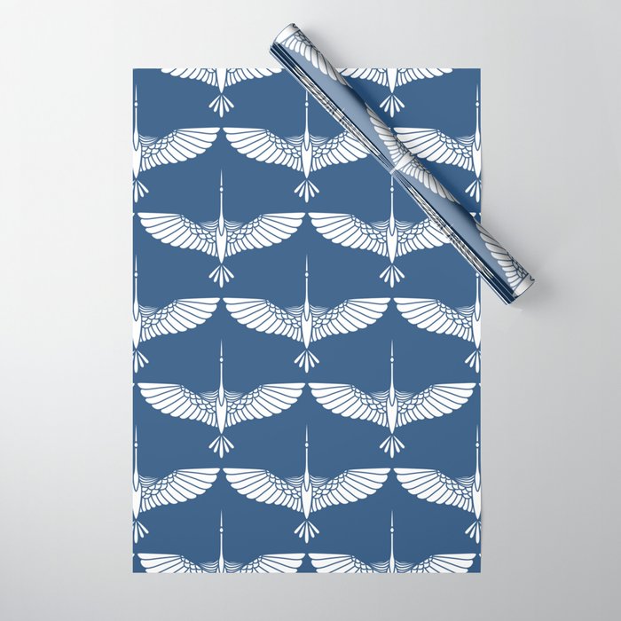 Japanese Crane Ornate Art Deco Blue & White Pattern Wrapping Paper Gallery Image 1