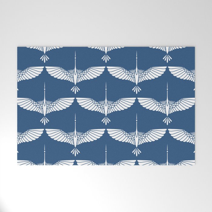 Japanese Crane Ornate Art Deco Blue & White Pattern Welcome Mat Gallery Image 1