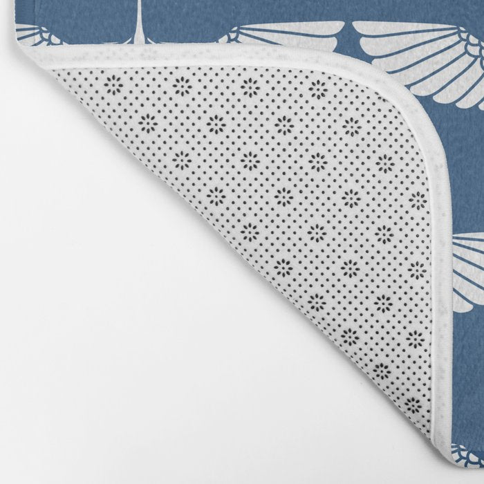 Japanese Crane Ornate Art Deco Blue & White Pattern Bath Mat Gallery Image 2