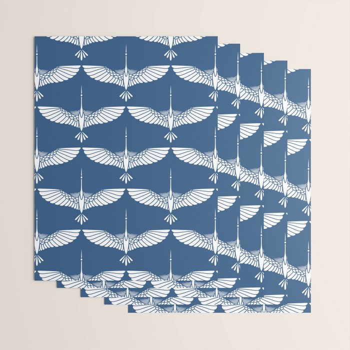 Japanese Crane Ornate Art Deco Blue & White Pattern Wrapping Paper Gallery Image 3