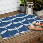 Japanese Crane Ornate Art Deco Blue & White Pattern Outdoor Rug Gallery Image 2