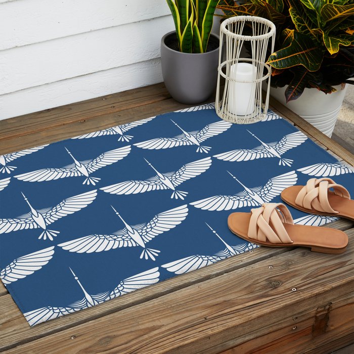 Japanese Crane Ornate Art Deco Blue & White Pattern Outdoor Rug Gallery Image 2