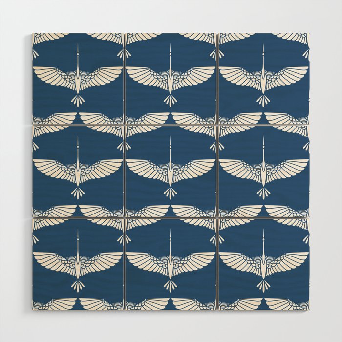 Japanese Crane Ornate Art Deco Blue & White Pattern Wood Wall Art Gallery Image 1