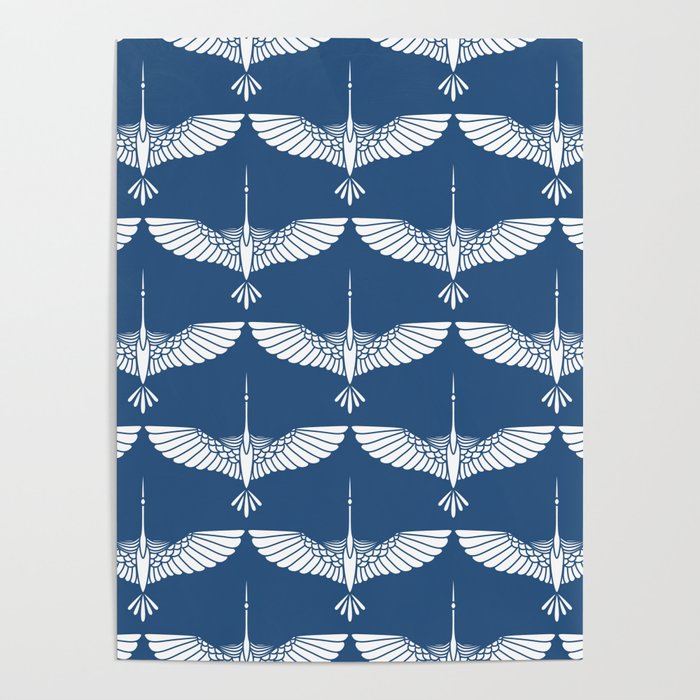 Japanese Crane Ornate Art Deco Blue & White Pattern Poster Gallery Image 1