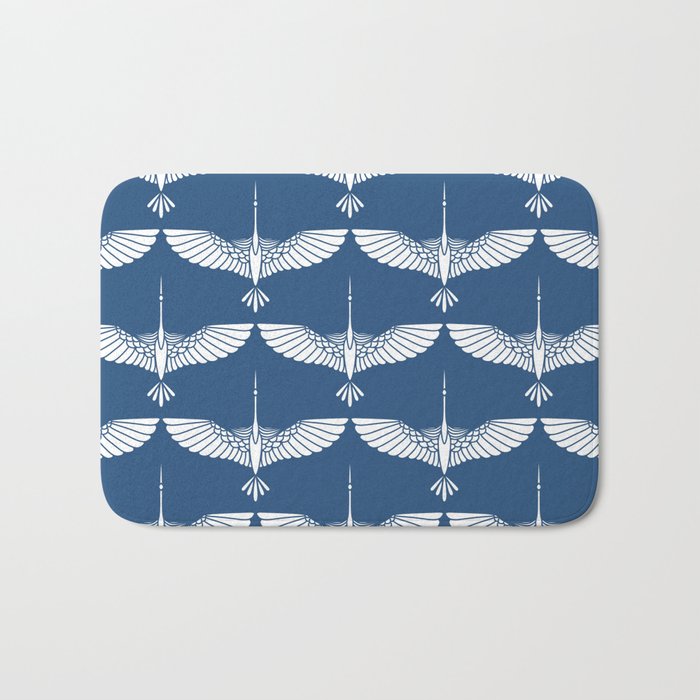 Japanese Crane Ornate Art Deco Blue & White Pattern Bath Mat Gallery Image 1