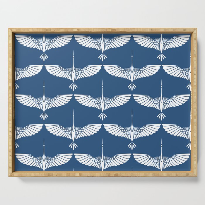 Japanese Crane Ornate Art Deco Blue & White Pattern Serving Tray Gallery Image 1